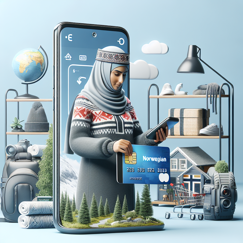 Norsk hverdagsscene med en person som tryggt betaler med kredittkort via mobil, ikoniske elementer som nettbutikk og friluftsutstyr i bakgrunnen, moderne og klart lys