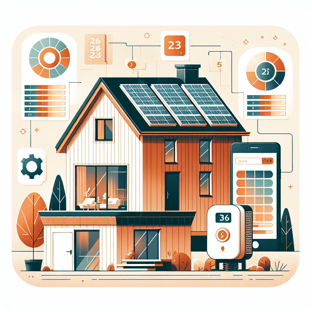 Illustrasjon av en norsk bolig med solcellepanel, varmepumpe og kalkyler på skjerm; varm, tillitsvekkende fargepalett, moderne stil
